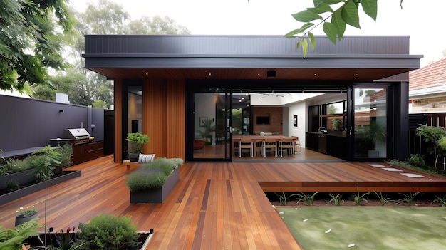 Une maison moderne avec une terrasse en bois et un patio