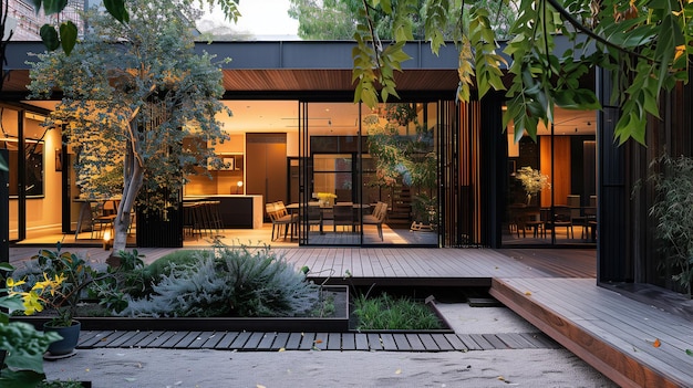 Une maison moderne avec une terrasse et un jardin