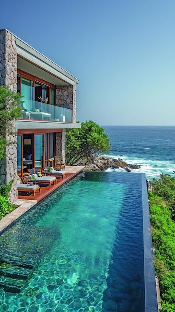 Maison moderne avec une terrasse et une piscine face à l'océan xA