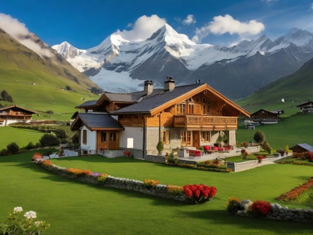 une maison avec une montagne en arrière-plan