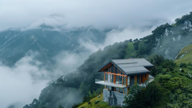 Une maison sur une montagne avec un ciel brumeux