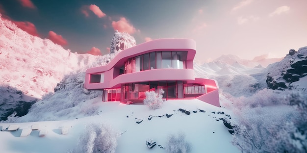 Une maison sur une montagne enneigée avec un toit rose.