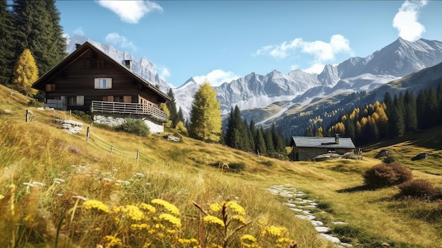 Une maison à la montagne avec une montagne en arrière-plan