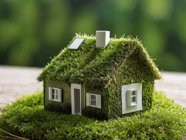 une maison avec de la mousse sur le toit et une maison sur le toit