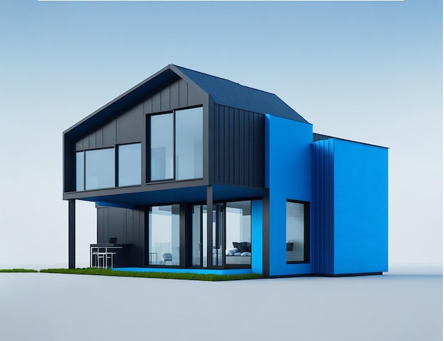 Une maison avec un mur bleu et un toit noir