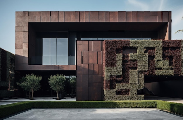 Une maison avec un mur végétalisé et une façade marron avec une jardinière verte sur le côté.