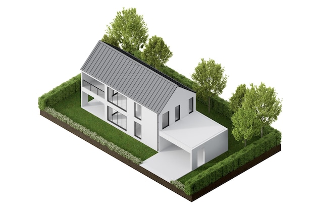 Maison neuve simple sur podium en herbe avec fond blanc rendu 3d d'un bâtiment résidentiel extérieur