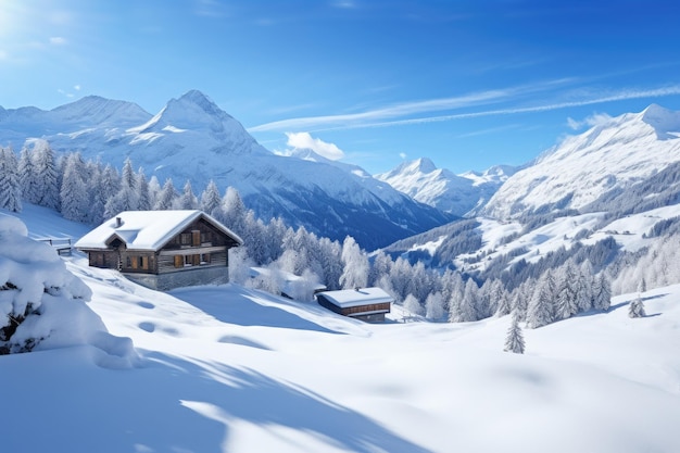 Une maison nichée au milieu d'un paysage de montagne enneigé offrant une escapade sereine et tranquille Alpes suisses idylliques avec une couverture de neige fraîche AI générée