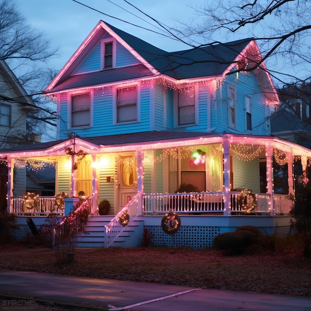 Une maison de Noël avec des décorations de neige et d'arbre de Noël pour les vacances d'hiver