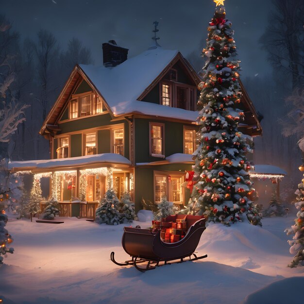 Une maison de Noël lumineuse avec un énorme arbre grand et un traîneau rempli de cadeaux debout dans la cour