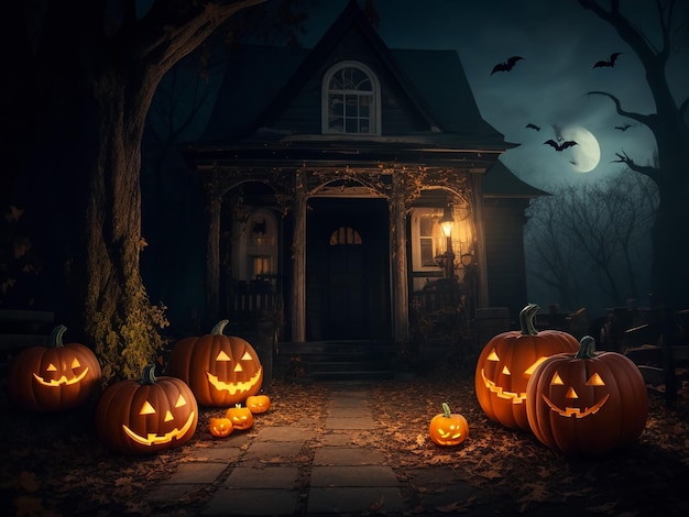 Maison noire et orange avec thème d'Halloween rendu 3D