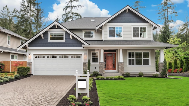 Photo maison de nouvelle construction avec une grande cour avant et un garage à trois voitures la maison a un mélange de parements en pierre et en bois avec un toit sombre la porte d'entrée est rouge