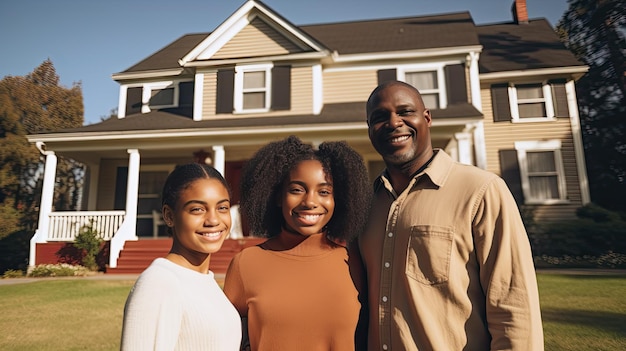 Maison nouvellement achetée avec une famille afro-américaine symbolisant la propriété rayonnant de fierté pour leur réalisation immobilière Generative AI