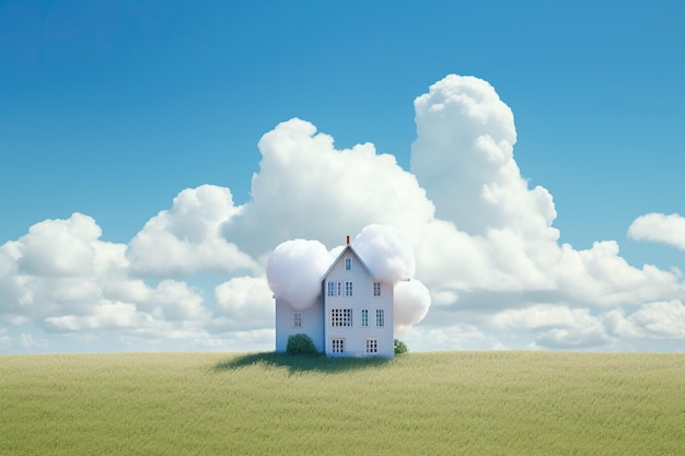 Maison avec des nuages dans le champ d'herbe