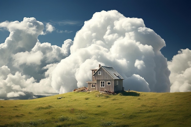 Maison avec des nuages dans le champ d'herbe