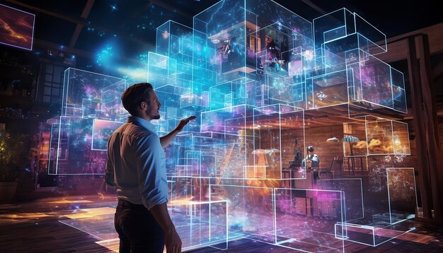 Une maison numérique à grande échelle faite de pixels et d'hologrammes en cours de construction alors qu'un homme heureux et inspiré je