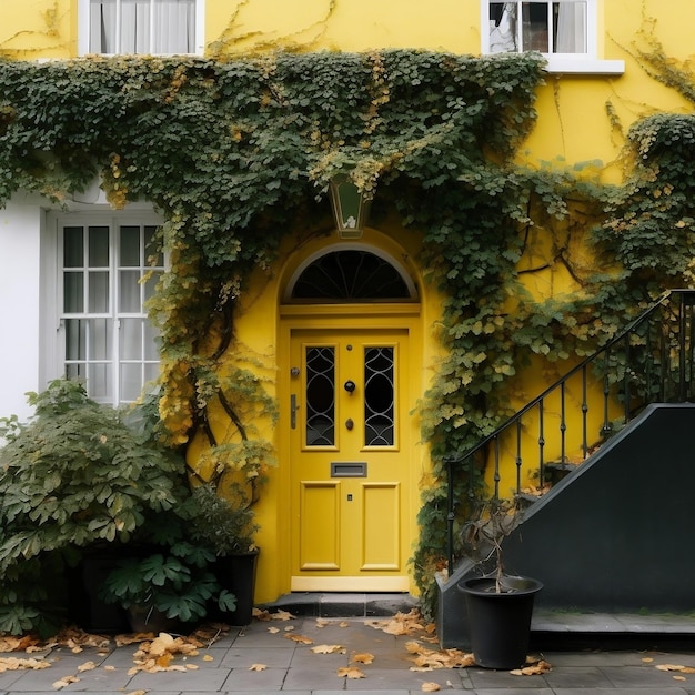 Maison ornée de lierre avec une porte jaune AI