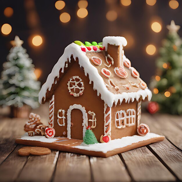 Photo une maison de pain d'épice avec un arbre de noël en arrière-plan