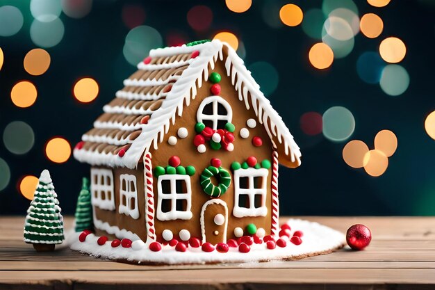 Une maison en pain d'épice avec un arbre de Noël au sommet.