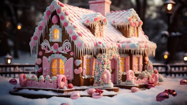 Une maison de pain d'épice capricieuse ornée de glaçage coloré sur un fond enneigé