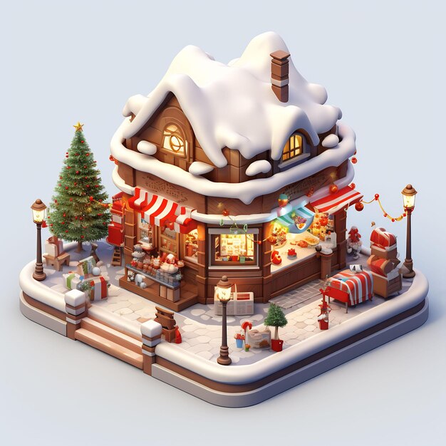une maison de pain d'épice couverte de neige avec un arbre de Noël en arrière-plan.