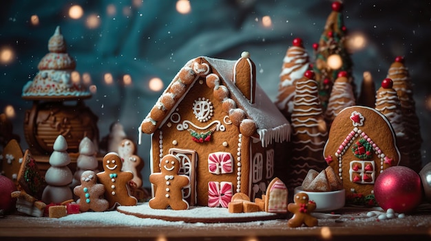Une maison de pain d'épice dans un pays des merveilles d'hiver Une scène douce et festive de Noël maison de Pain d'épices maison de Pain de épice avec décoration de Noël