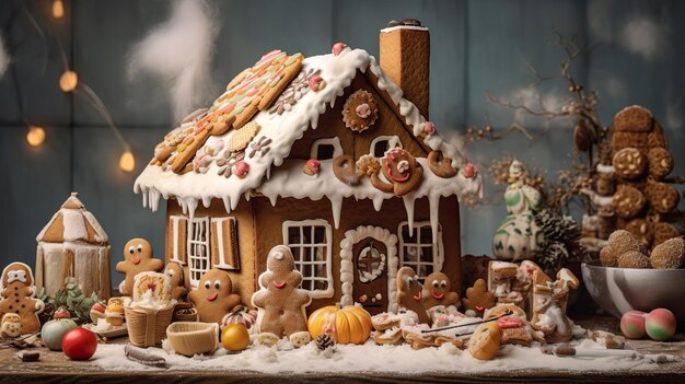 Une maison de pain d'épice dans un pays des merveilles d'hiver Une scène douce et festive de Noël maison de Pain d'épices maison de Pain de épice avec décoration de Noël