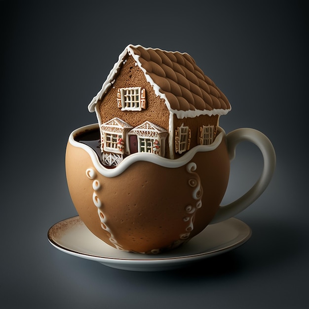 Une maison en pain d'épice dans une tasse de café AI Generated