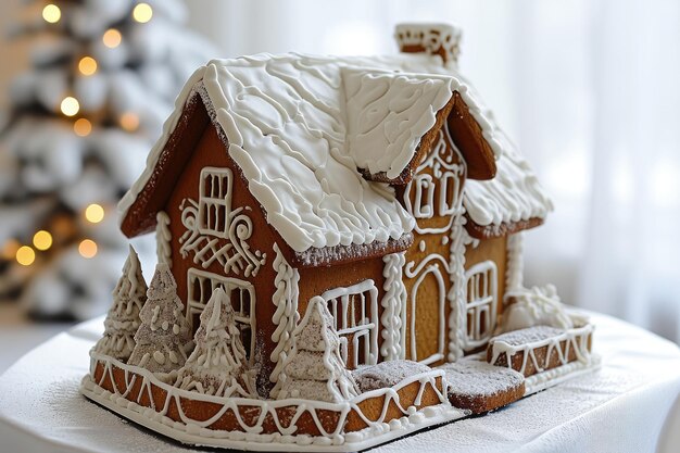 Une maison de pain d'épice est assise sur une table tandis qu'un arbre de Noël est vu en arrière-plan Une maison de pains d'epice capricieuse avec du glaçage sur la neige générée par l'IA