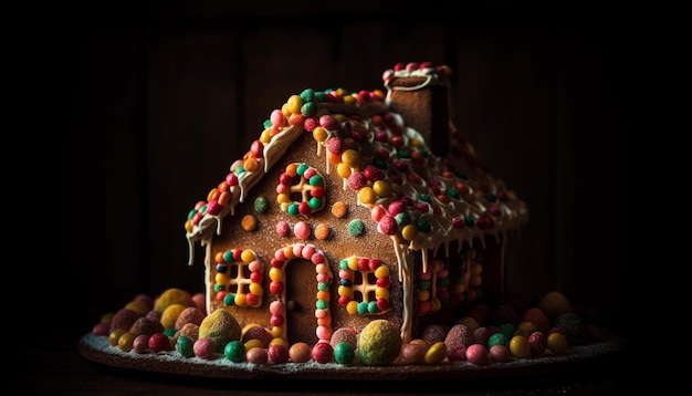 Maison en pain d'épice faite maison avec des décorations de bonbons colorées et du glaçage généré par l'IA