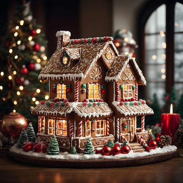 Maison en pain d'épice festive avec décor de Noël