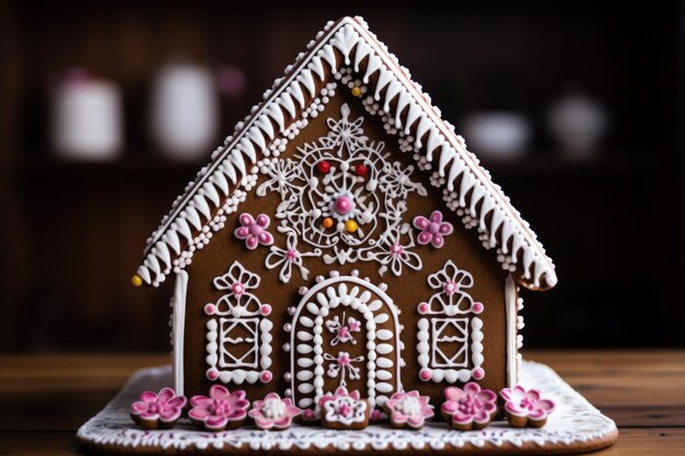 Photo maison en pain d'épice finement décorée sur une planche de bois