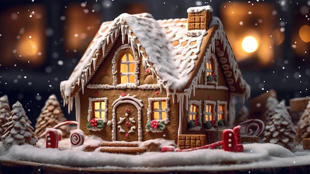 La maison de pain d'épice sur la table de Noël