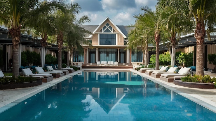 Photo une maison avec des palmiers et une piscine avec une maison en arrière-plan