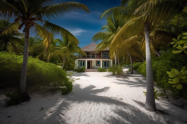 Une maison avec des palmiers sur la plage