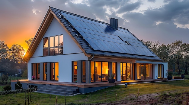 une maison avec un panneau solaire sur le toit et une maison à l'arrière-plan du ciel