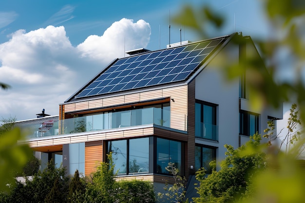 Une maison avec un panneau solaire sur le toit