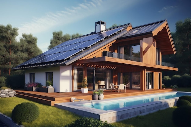 Une maison avec des panneaux solaires sur le toit à l'architecture durable Generative Ai