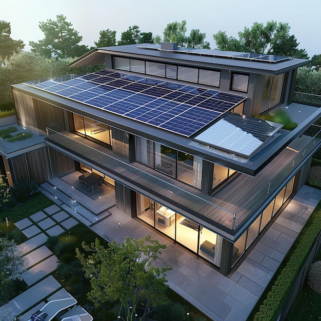 Photo une maison avec des panneaux solaires sur le toit et un panneau solaire sur le toit