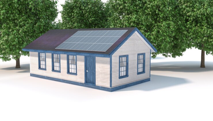 Photo maison avec panneaux solaires sur le toit près des arbres, illustration 3d