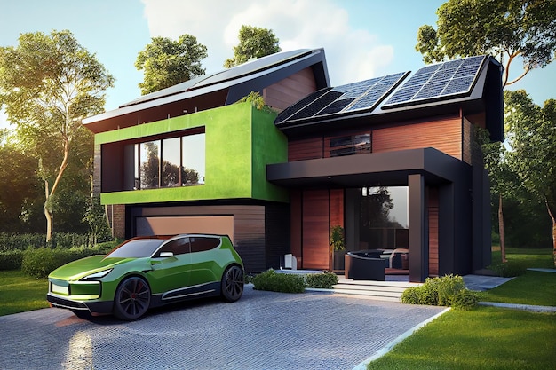 Une maison avec des panneaux solaires sur le toit et la voiture électrique EV près de la maison Eco energy concept Generative AI