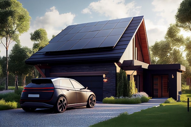 Une maison avec des panneaux solaires sur le toit et la voiture électrique EV près de la maison Eco energy concept Generative AI