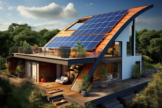 Une maison avec des panneaux solaires sur le toit