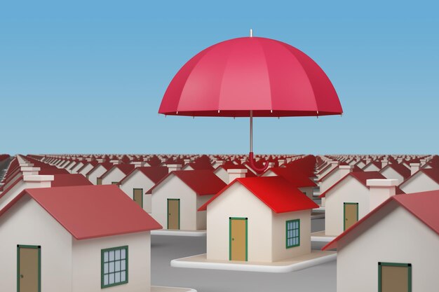 Maison avec parapluie Concept de sécurité illustration 3D