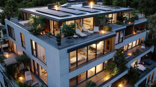 Maison passive moderne respectueuse de l'environnement avec des panneaux solaires sur le toit Panneau solaire domestique Panneaux solaire sur le toit d'un immeuble d'appartements moderne dans la ville chaud Sunset Light