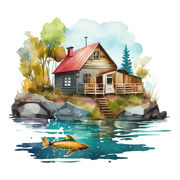 Maison de pavillon de pêche aquarelle sur l'illustration du lac