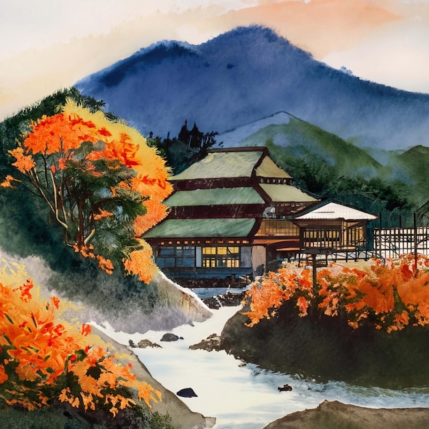 Maison de paysage d'automne dans la forêt avec rivière de montagne parmi les orangers