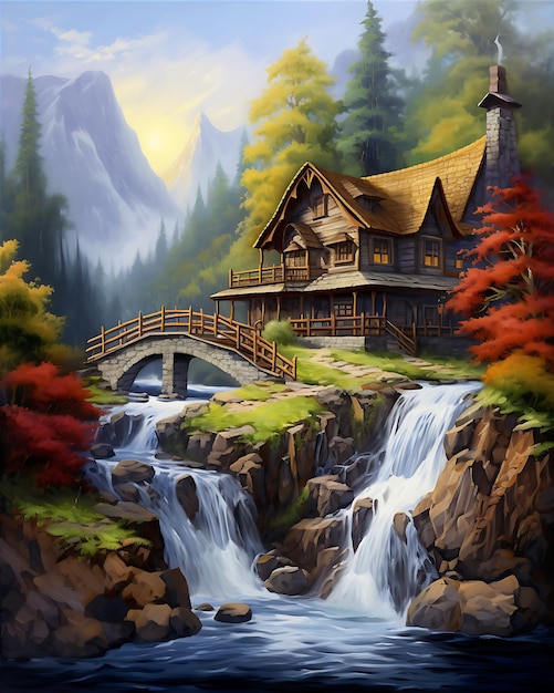 La maison avec la peinture de la cascade