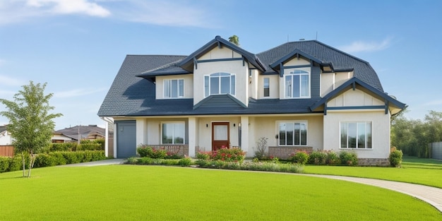 Une maison avec une pelouse et une pelouse avec une pelouse entourée d’une clôture.