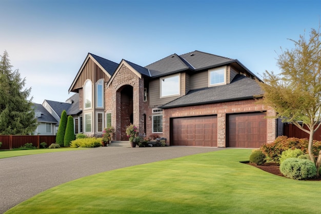 Une maison avec une pelouse verte et une porte de garage